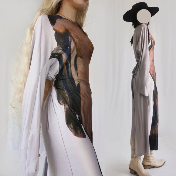 Ann demeulemeester beige kaftan knit maxi long sleeve belted dress - Picture 11 of 11